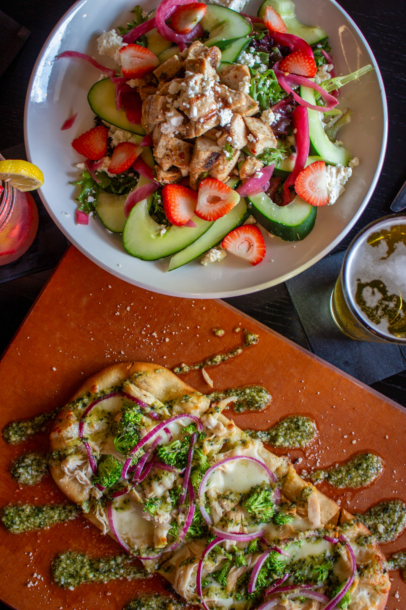strawberry salad and chicken pesto flatbread